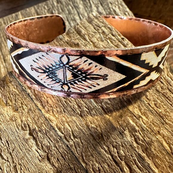 Handmade Boho Native American Navajo Copper Narrow Cuff Bracelet, Navy Yellow, - Picture 10 of 11